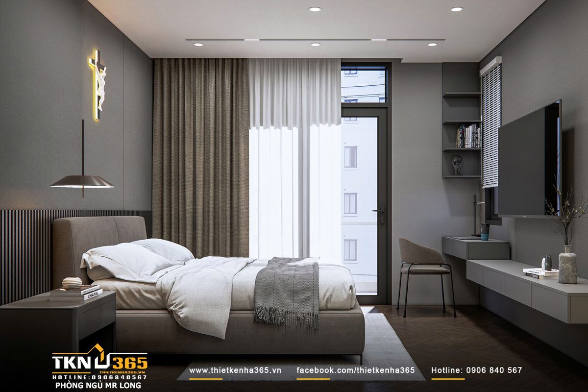 Ánh sáng tự nhiên đi qua lớp rèm mỏng giúp làm mềm bảng màu trầm, tạo sự dễ chịu khi sử dụng