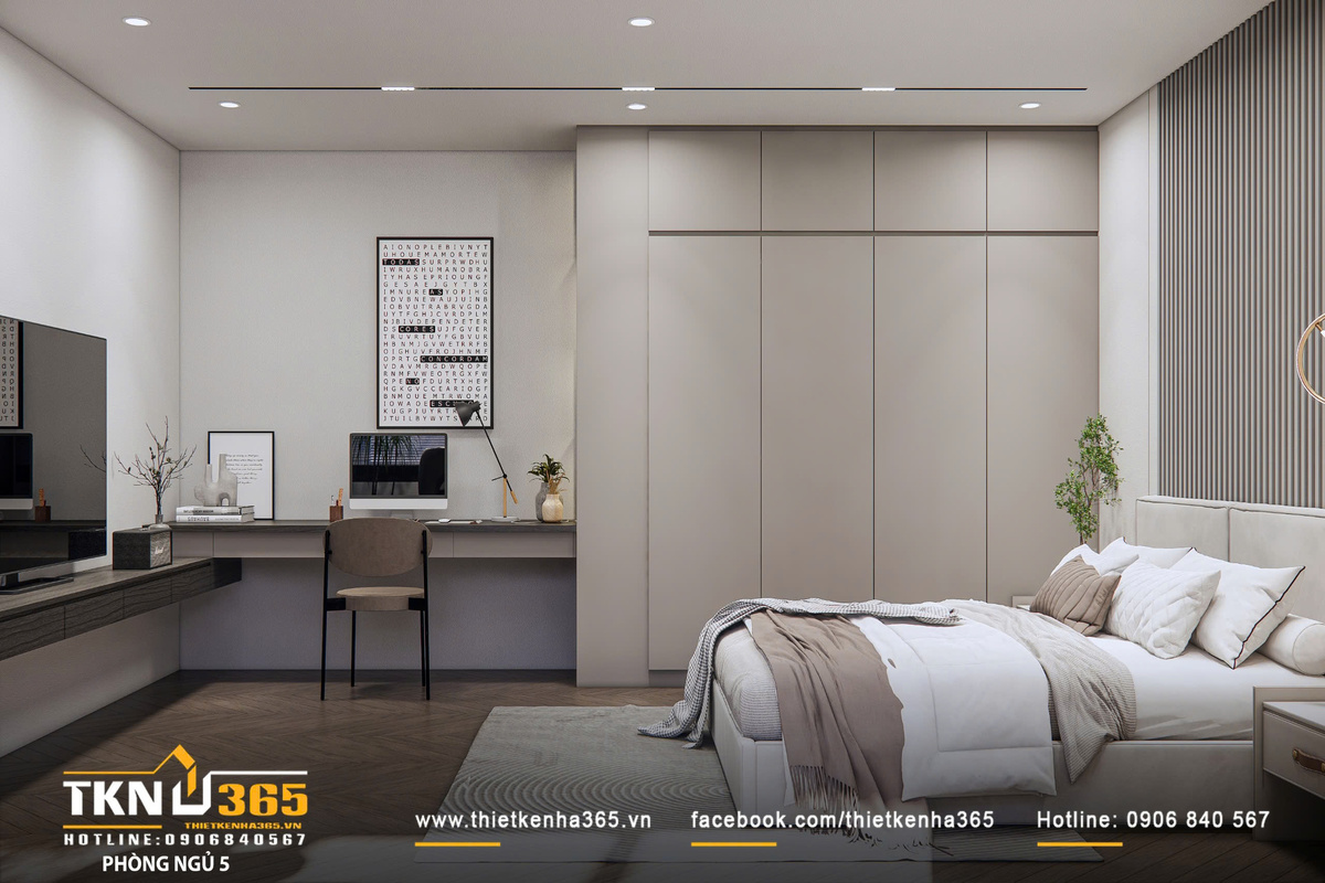 Thiết kế nội thất biệt thự hiện đại 1 trệt 2 lầu ở Bình Tân | Nhà Chị Hương 28 Tổng thể các phòng ngủ phụ duy trì sự đồng bộ về ngôn ngữ thiết kế, đảm bảo tính tiện nghi và riêng tư