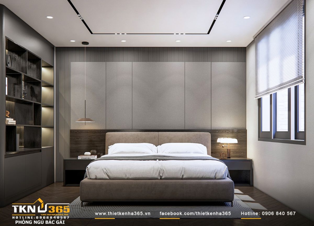 Lam gỗ và hệ vách đầu giường tạo nhịp điệu thị giác, tăng chiều sâu mà không làm rối không gian