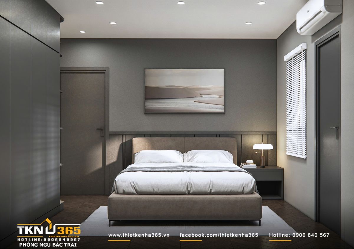 Sự kết hợp giữa ánh sáng âm trần và đèn đầu giường giúp không gian linh hoạt theo từng thời điểm sử dụng