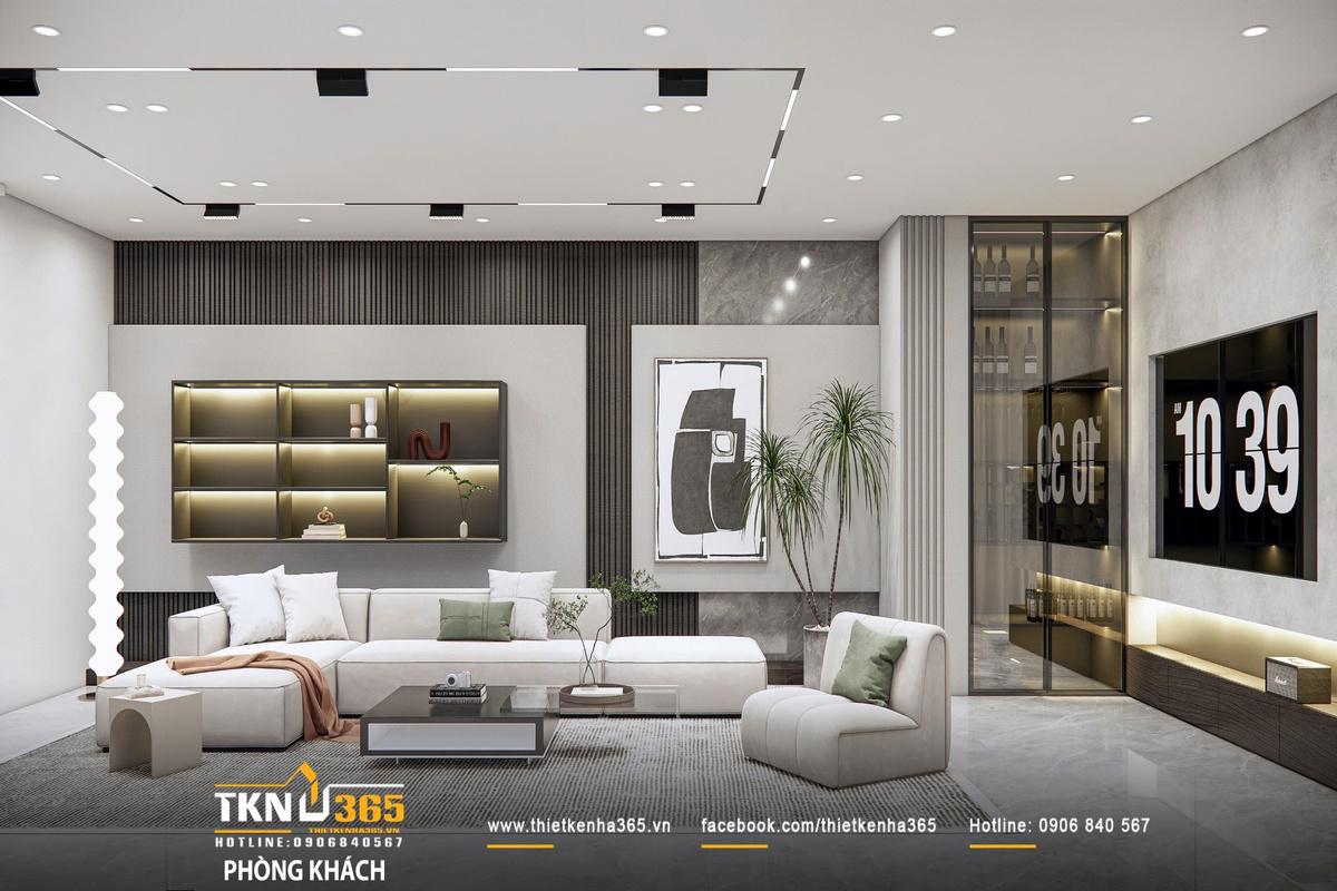 Thiết kế nội thất biệt thự hiện đại 1 trệt 2 lầu ở Bình Tân | Nhà Chị Hương 3 Hệ tủ trưng bày âm tường tích hợp ánh sáng giúp tăng lưu trữ và hoàn thiện thẩm mỹ không gian