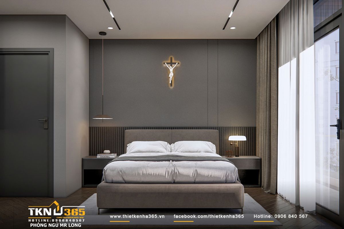 Vách đầu giường kết hợp lam và bề mặt sơn mịn tạo nền trầm ấm