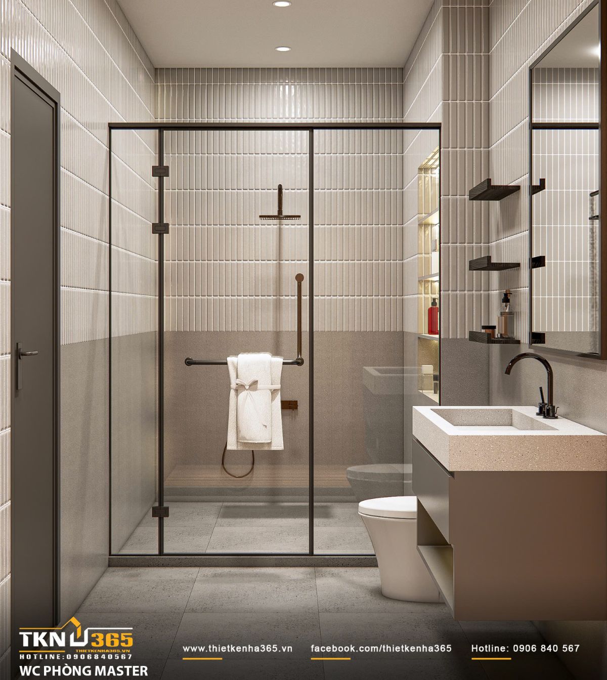Thiết kế nội thất biệt thự hiện đại 1 trệt 2 lầu ở Bình Tân | Nhà Chị Hương 32 Hệ lavabo treo kết hợp kệ mở và ánh sáng âm giúp tăng tiện ích và giữ tổng thể luôn sạch sẽ