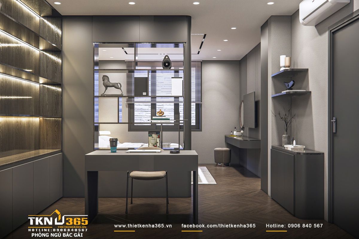 Vách kính ngăn kết hợp khung kim loại tạo sự kết nối giữa các khu vực, mở rộng tầm nhìn mà vẫn giữ được tính riêng tư cần thiết