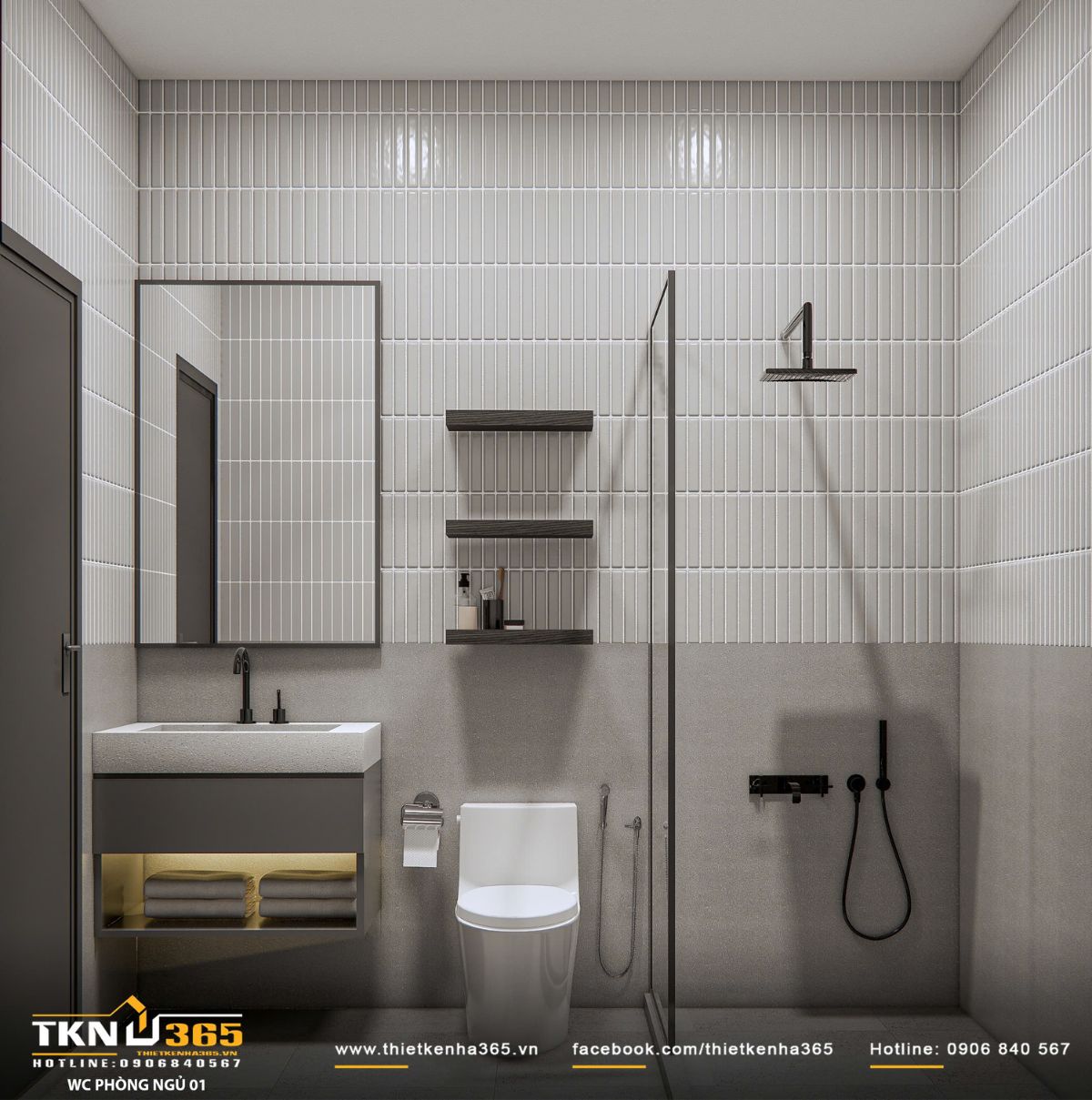 Thiết kế nội thất biệt thự hiện đại 1 trệt 2 lầu ở Bình Tân | Nhà Chị Hương 33 Khu tắm đứng sử dụng sen âm tường và phụ kiện tối màu, tạo điểm nhấn hiện đại và tinh tế