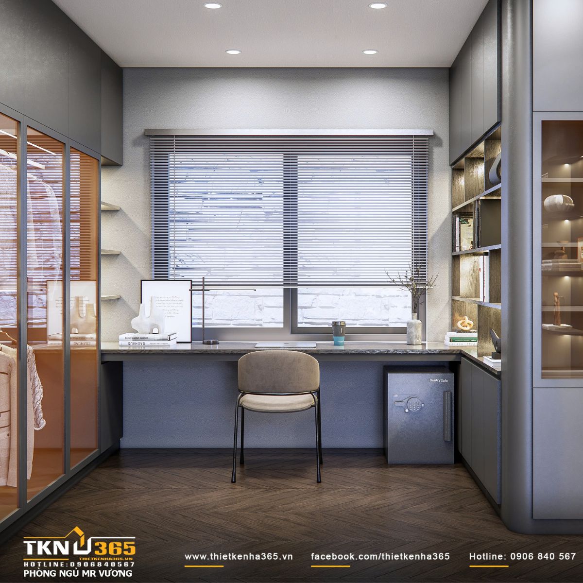 Bàn làm việc đặt cạnh cửa sổ tận dụng ánh sáng tự nhiên, các vật liệu kết hợp hài hòa tạo nên sự cân bằng giữa mềm và cứng