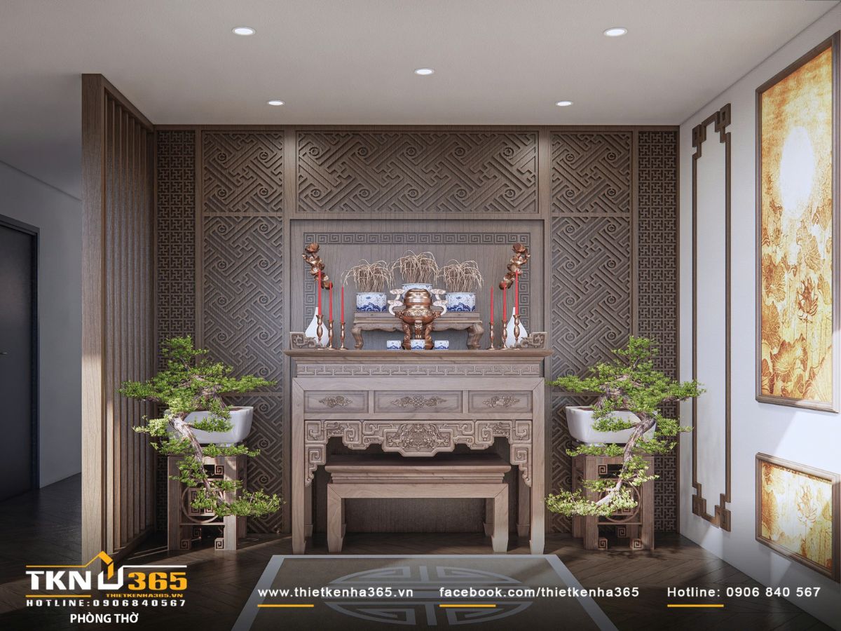 Thiết kế nội thất biệt thự hiện đại 1 trệt 2 lầu ở Bình Tân | Nhà Chị Hương 34 Không gian phòng thờ sử dụng tông gỗ trầm kết hợp vách hoa văn truyền thống, tạo cảm giác trang nghiêm và tĩnh tại