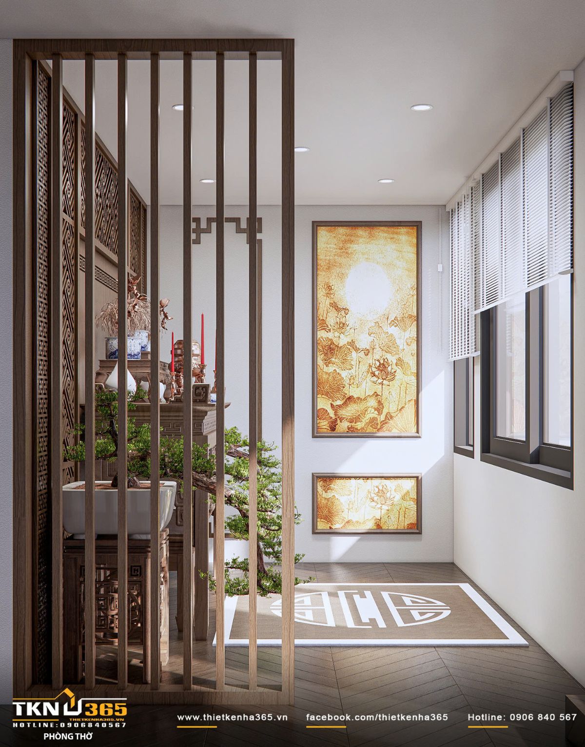 Thiết kế nội thất biệt thự hiện đại 1 trệt 2 lầu ở Bình Tân | Nhà Chị Hương 35 Vách lam gỗ phân tách nhẹ cùng ánh sáng tự nhiên và tranh trang trí tông vàng mang lại sự ấm áp, an yên