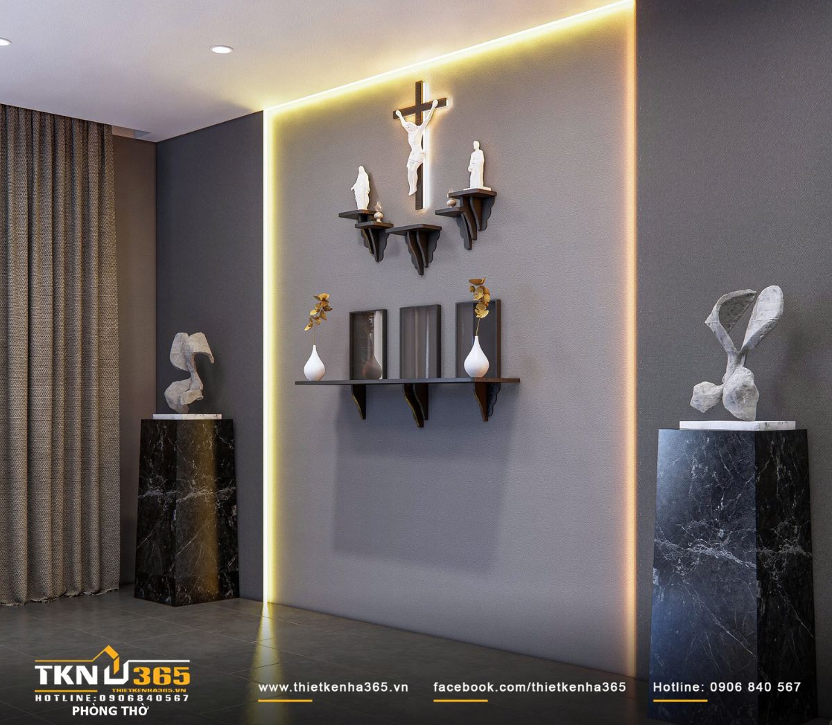 Khu vực phòng thờ sử dụng ánh sáng hắt viền làm điểm nhấn, tôn lên tính trang nghiêm và tạo chiều sâu cho mảng tường trung tâm