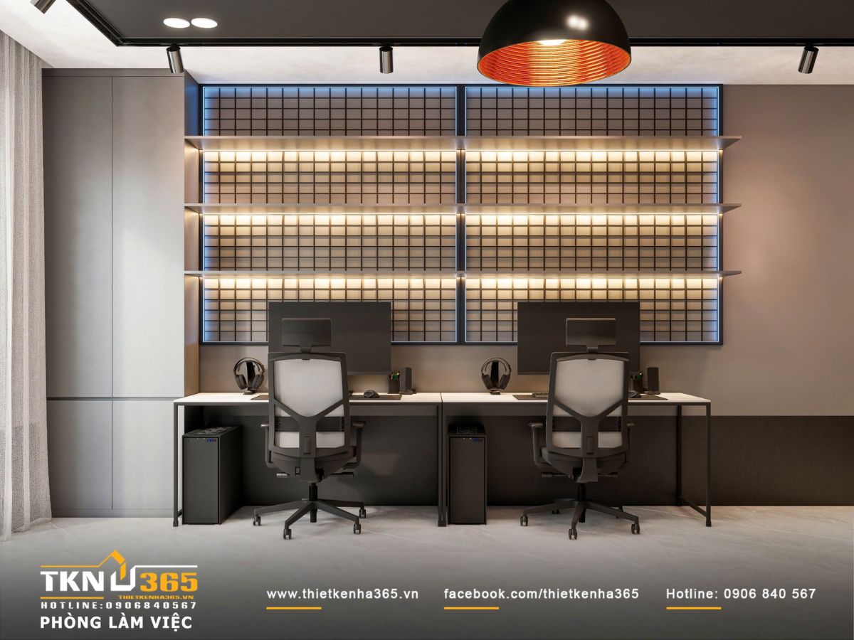 Hệ đèn rọi và đèn LED âm kệ trong phòng làm việc giúp kiểm soát ánh sáng tập trung, đảm bảo hiệu quả sử dụng mà vẫn giữ sự ấm cúng