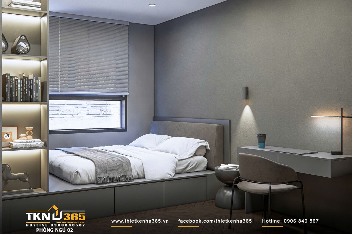 Phòng ngủ tận dụng ánh sáng tự nhiên kết hợp đèn đầu giường và đèn hắt nhẹ, tạo nên không gian nghỉ ngơi dịu mắt và linh hoạt theo từng nhu cầu sử dụng