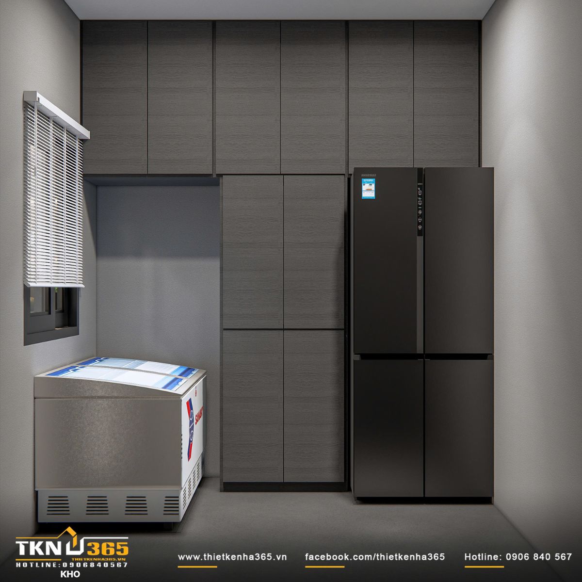 Phòng kho thiết kế chỉn chu, đảm bảo công năng nhưng vẫn thống nhất với ngôn ngữ hiện đại của toàn bộ công trình