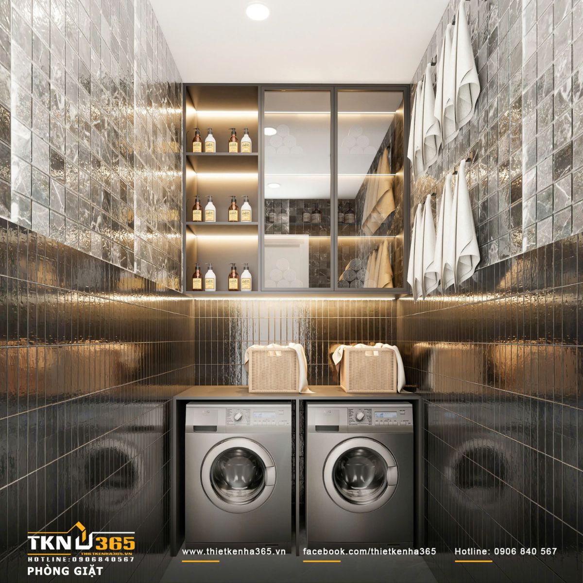 Phòng giặt sử dụng hệ đèn LED bố trí ẩn trong hệ kệ mở, vừa đảm bảo ánh sáng vừa tối ưu không gian