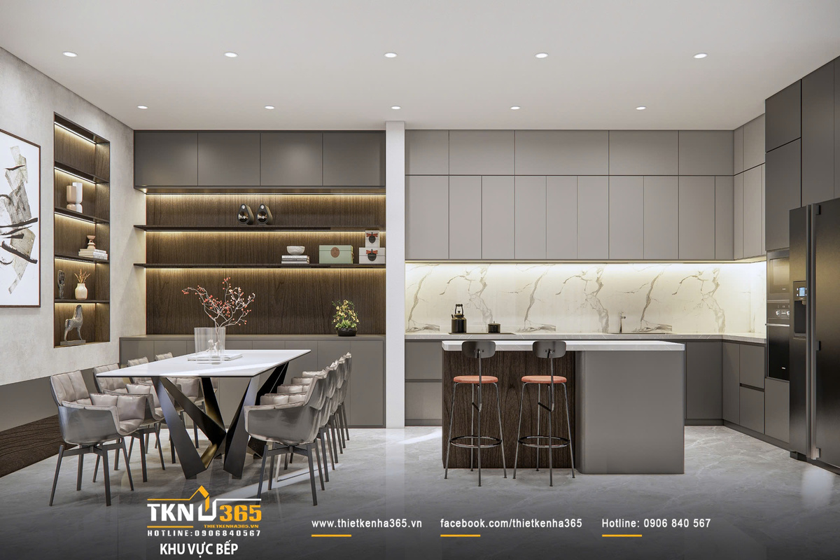Thiết kế nội thất biệt thự hiện đại 1 trệt 2 lầu ở Bình Tân | Nhà Chị Hương 5 Khu bếp - ăn thiết kế liền mạch với phòng khách, tạo cảm giác thông thoáng và thuận tiện trong sinh hoạt