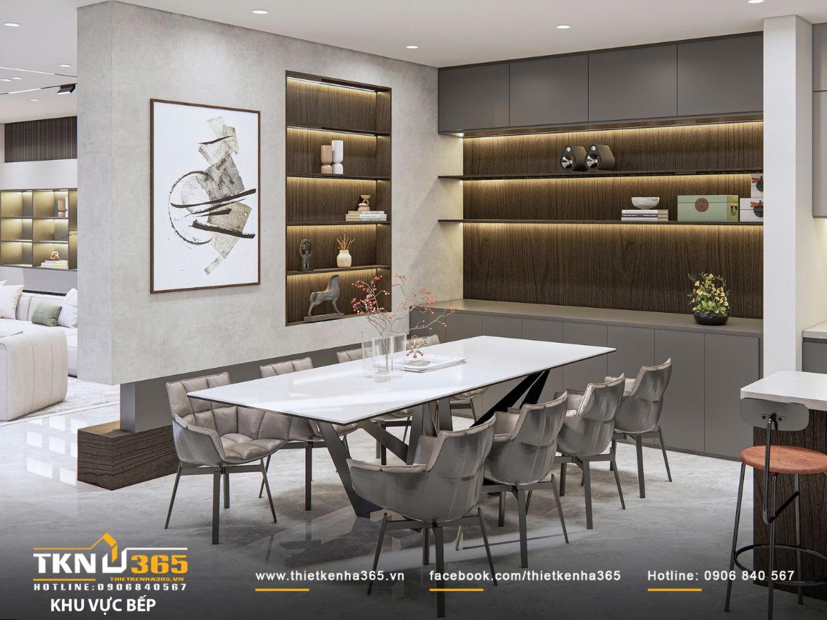 Thiết kế nội thất biệt thự hiện đại 1 trệt 2 lầu ở Bình Tân | Nhà Chị Hương 8 Bàn ăn lớn với chân bàn tạo hình độc đáo cùng ghế bọc nệm êm ái tạo không gian sum họp ấm cúng
