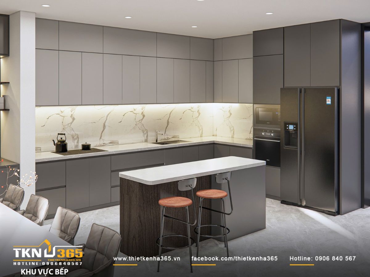 Thiết kế nội thất biệt thự hiện đại 1 trệt 2 lầu ở Bình Tân | Nhà Chị Hương 9 Bề mặt đá vân mây sáng màu kết hợp hệ tủ trung tính mang lại vẻ đẹp tinh tế, sạch sẽ
