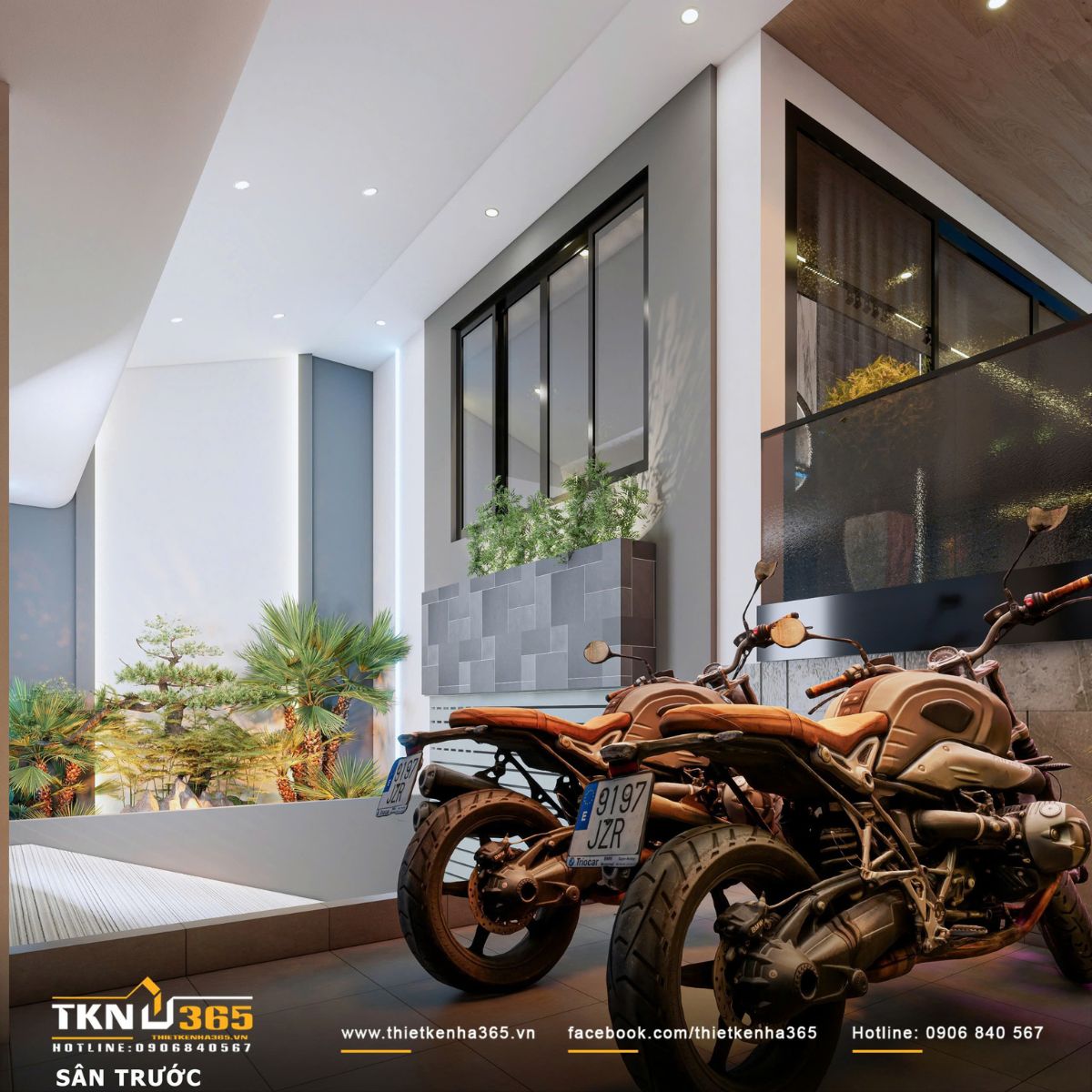 Sân trước tổ chức như lớp đệm đầu tiên, nơi cây xanh và ánh sáng cùng tạo nên trạng thái chuyển tiếp dịu nhẹ trước khi vào nhà