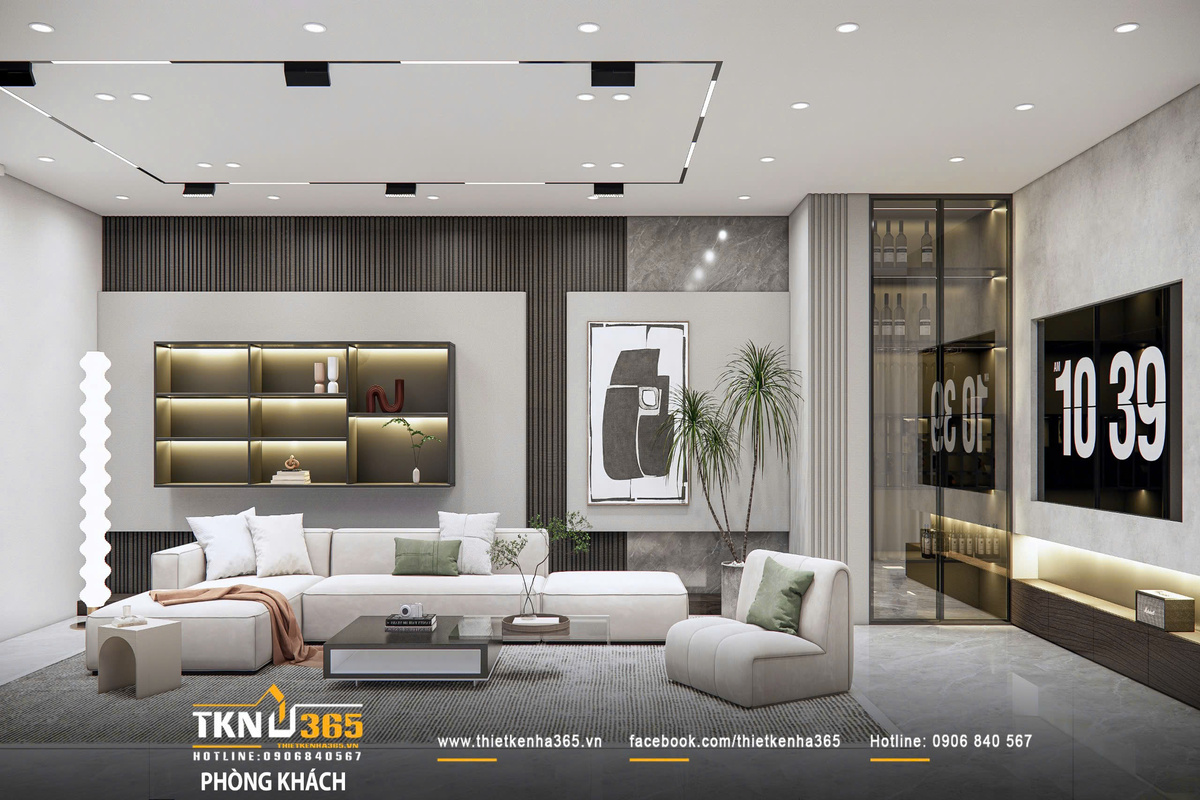 Bảng màu be - xám - nâu gỗ kết hợp đá và kính mang đến một nền nội thất trung tính, hiện đại nhưng vẫn giữ được độ ấm cần thiết