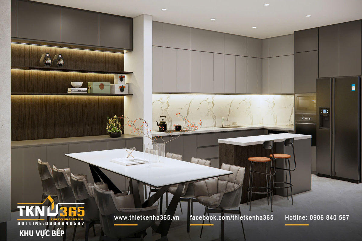Mặt đá sáng vân nhẹ chạy xuyên suốt từ backsplash đến mặt bàn giúp không gian liền mạch, đồng thời dễ vệ sinh trong quá trình sử dụng