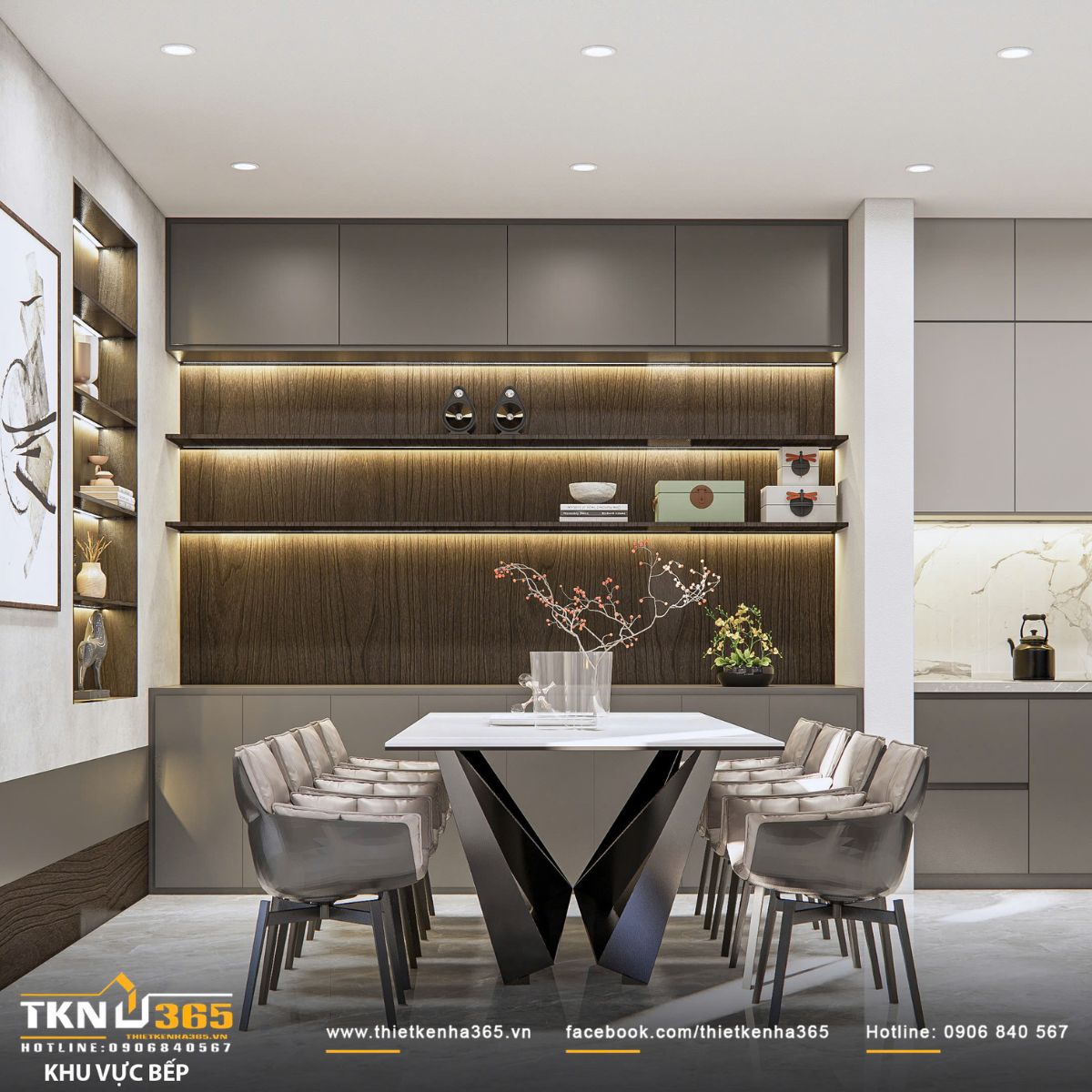 Hệ tủ kịch trần tối ưu lưu trữ, giữ cho khu bếp luôn ngăn nắp và vận hành hiệu quả trong sinh hoạt hàng ngày