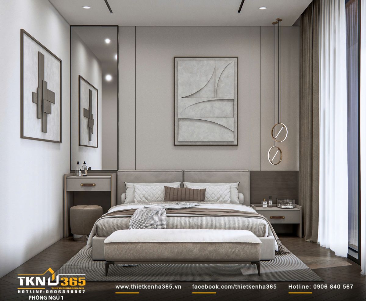 Giường ngủ đặt tại trung tâm theo trục cân đối, kết hợp mảng đầu giường ốp panel và tranh treo tạo điểm nhấn nhẹ nhàng