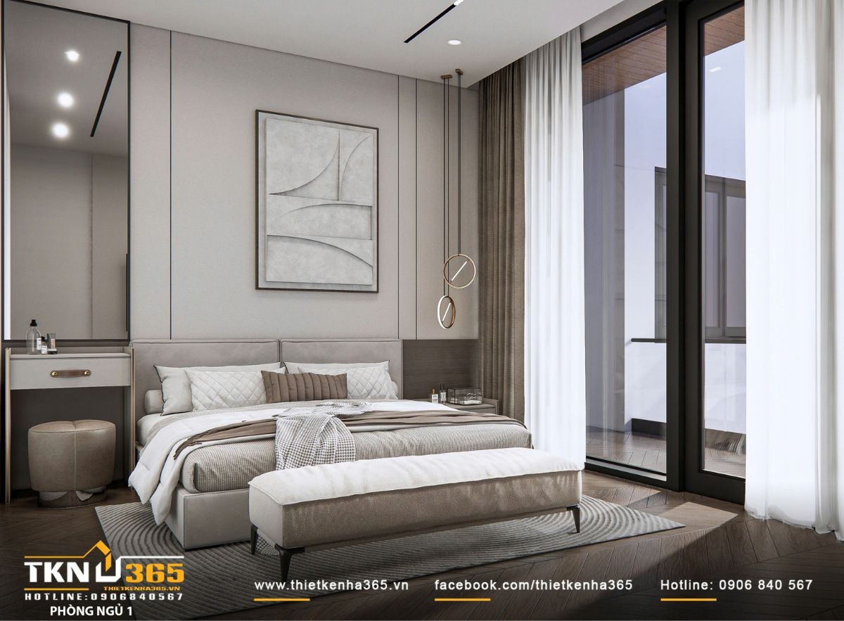 Ánh sáng tự nhiên đi qua lớp rèm hai lớp được kiểm soát vừa đủ, giúp không gian luôn duy trì trạng thái dịu nhẹ, phù hợp cho nghỉ ngơi
