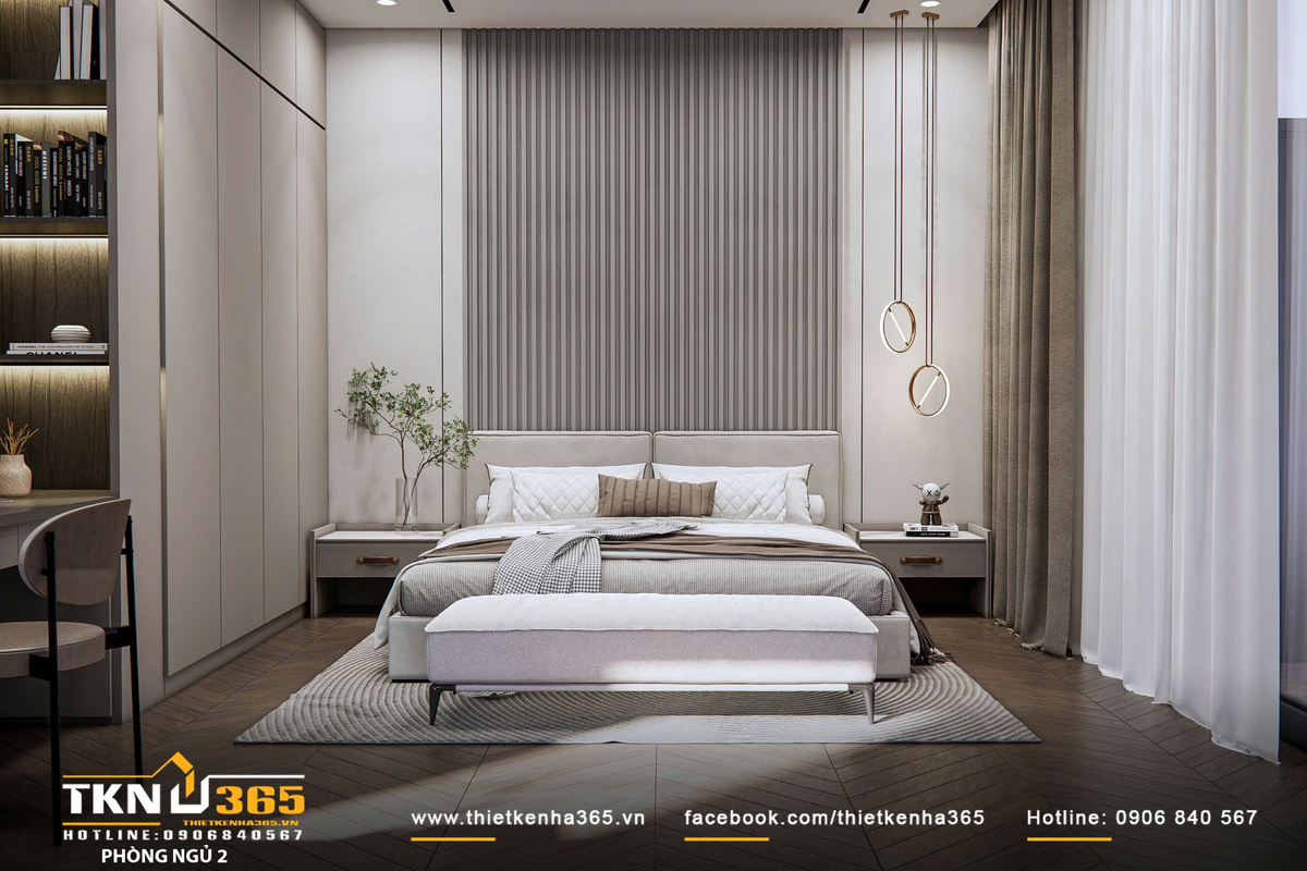 Giường ngủ đặt theo trục đối xứng, kết hợp mảng tường đầu giường thiết kế dạng nan dọc và đèn thả tạo điểm nhấn tinh tế