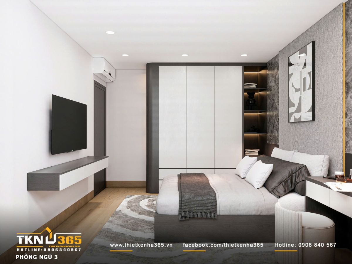 Hệ tủ kịch trần kết hợp kệ mở có đèn hắt vừa đảm bảo lưu trữ, vừa tạo điểm nhấn ánh sáng tinh tế cho góc phòng