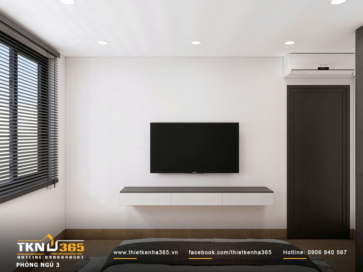 Kệ TV treo gọn gàng, thiết kế tối giản giúp giải phóng mặt sàn, giữ cho không gian luôn thoáng và dễ vận hành