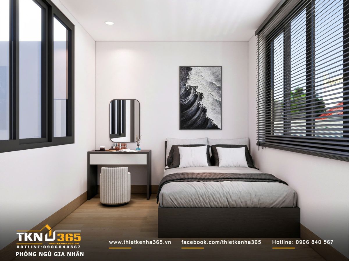 Không gian phòng ngủ được tối giản về chi tiết, giường ngủ bố trí gọn gàng kết hợp bàn trang điểm nhỏ, đảm bảo đầy đủ tiện nghi trong diện tích vừa phải