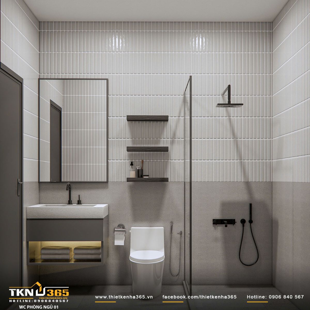 Khu vệ sinh tích hợp lavabo treo và hệ kệ mở, ánh sáng hắt nhẹ bên dưới giúp tăng chiều sâu và hỗ trợ chiếu sáng gián tiếp
