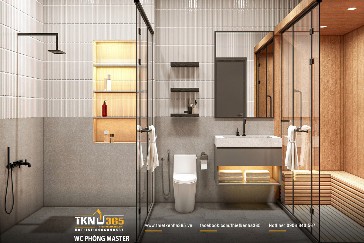 Phòng tắm master nâng cao trải nghiệm với khu sauna ốp gỗ, kết hợp ánh sáng ấm tạo nên không gian thư giãn mang tính nghỉ dưỡng