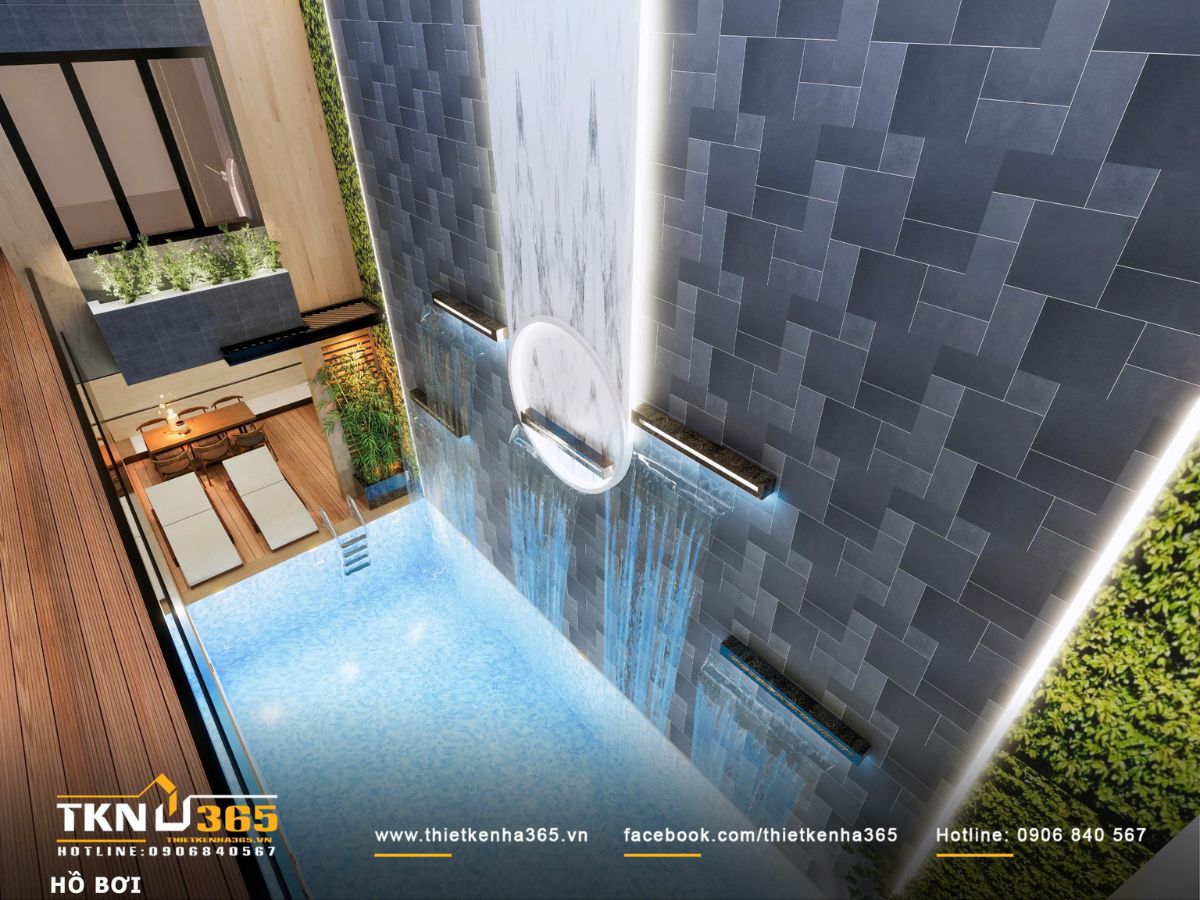 Trục đứng của tường nước kết hợp khoảng thông tầng đưa ánh sáng tự nhiên đi sâu vào bên trong, tạo hiệu ứng thị giác liên tục