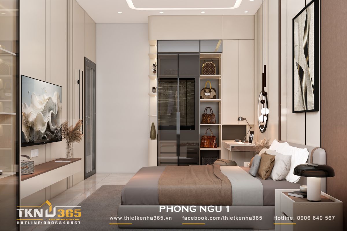 Thiết kế nội thất nhà phố 1 trệt 1 lầu: Lời giải cho không gian vừa ở vừa kinh doanh 10 Phòng ngủ 1 bố trí theo chiều dọc căn nhà, các chức năng như ngủ - làm việc - lưu trữ sắp xếp liền mạch