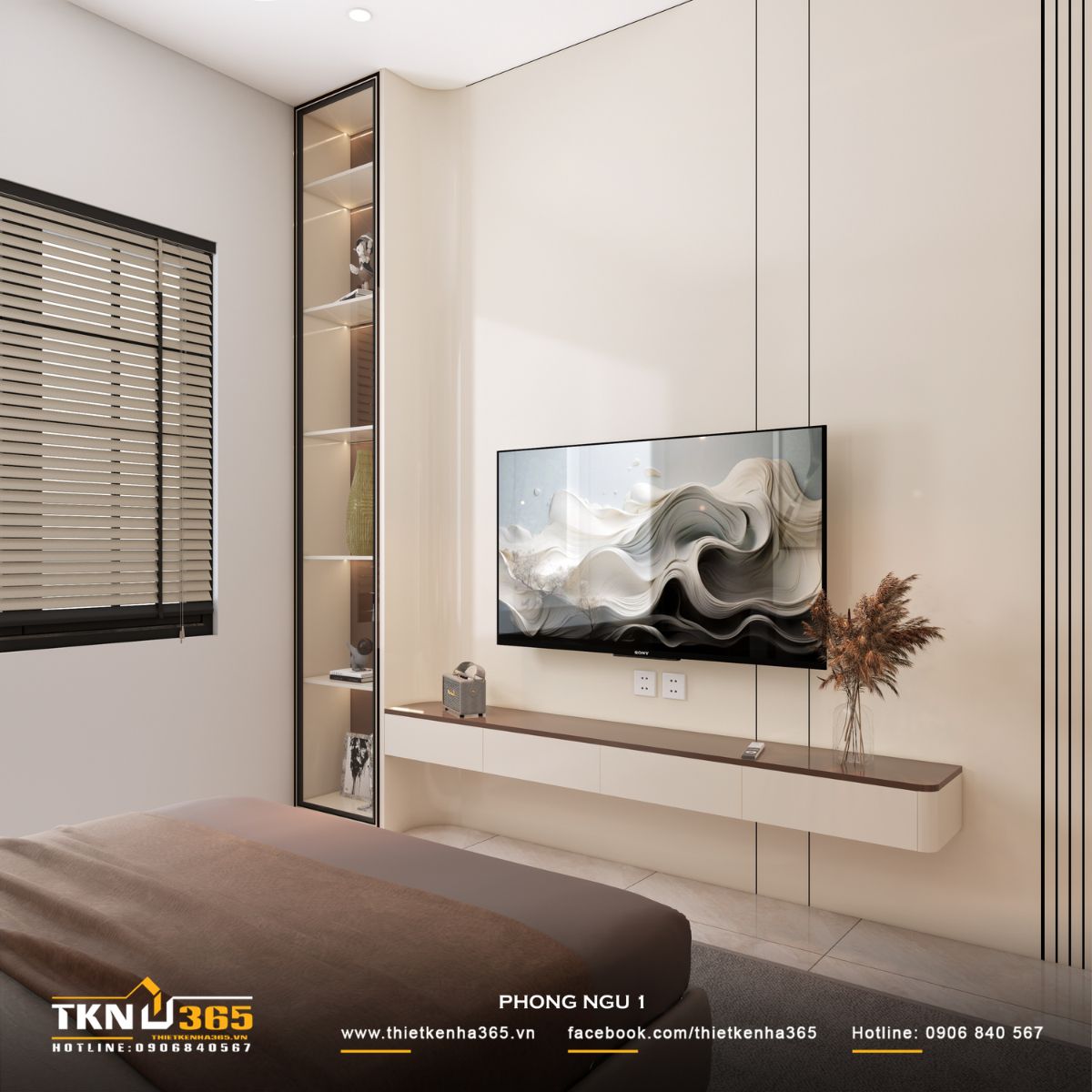 Thiết kế nội thất nhà phố 1 trệt 1 lầu: Lời giải cho không gian vừa ở vừa kinh doanh 12 Khu vực đối diện giường ngủ được giữ gọn, tạo khoảng lùi cần thiết để mở rộng tầm nhìn, đồng thời duy trì sự thông suốt trong di chuyển