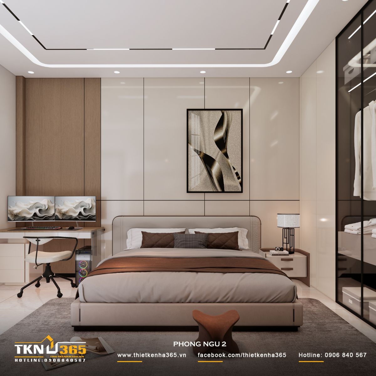 Thiết kế nội thất nhà phố 1 trệt 1 lầu: Lời giải cho không gian vừa ở vừa kinh doanh 13 Phòng ngủ 2 có bố cục cân đối, giường đặt trung tâm, hai bên là các chức năng bổ trợ, giúp không gian rõ ràng và dễ sử dụng