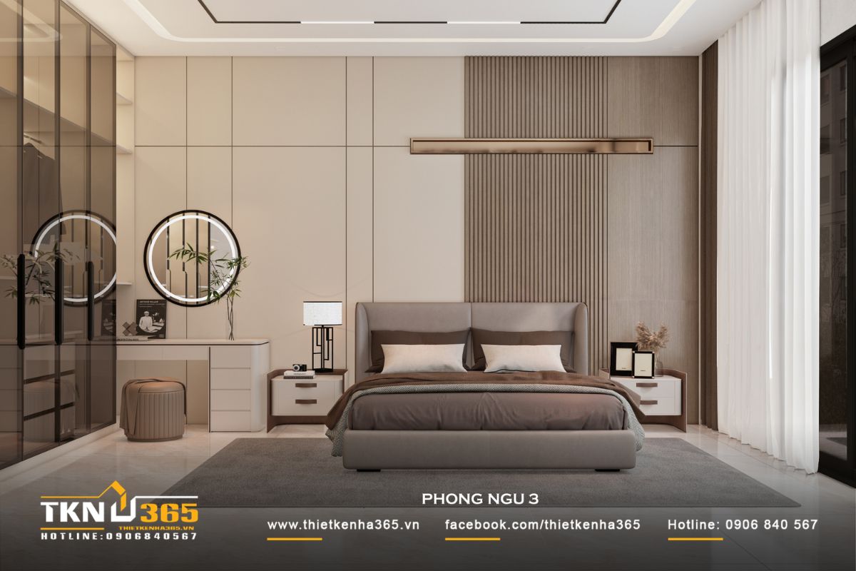 Thiết kế nội thất nhà phố 1 trệt 1 lầu: Lời giải cho không gian vừa ở vừa kinh doanh 16 Các khu chức năng phụ như bàn trang điểm, tủ đồ bố trí dọc theo tường, giữ phần trung tâm luôn thông thoáng và dễ di chuyển