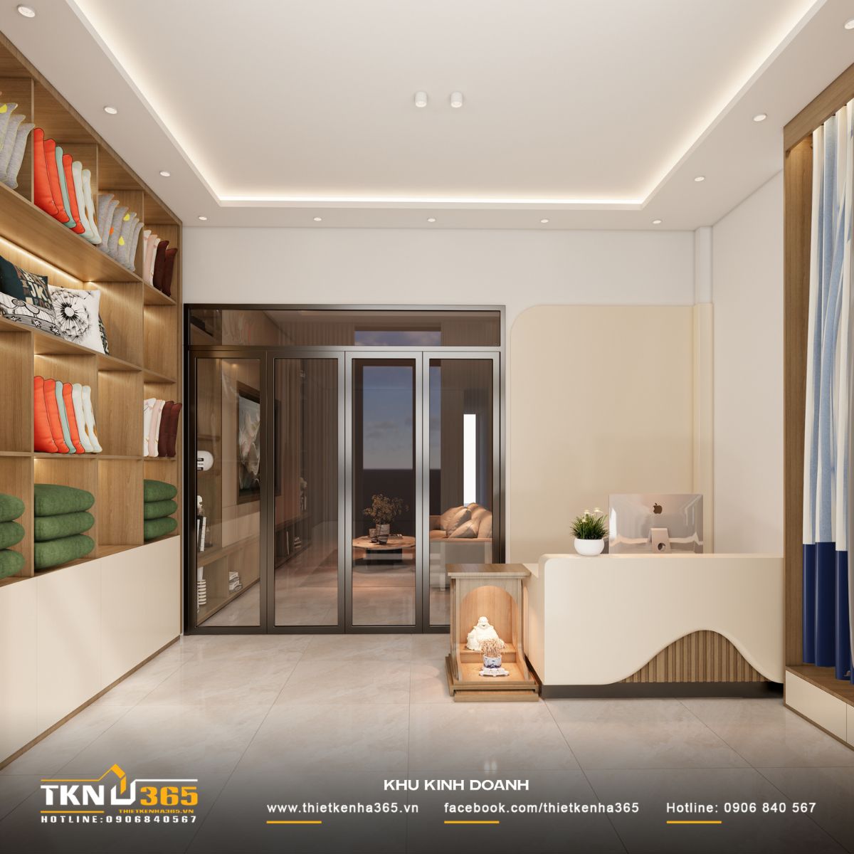 Thiết kế nội thất nhà phố 1 trệt 1 lầu: Lời giải cho không gian vừa ở vừa kinh doanh 2 Hệ cửa kính lớn phân tách khu vực kinh doanh và không gian sống bên trong nhưng vẫn đảm bảo tầm nhìn rộng thoáng