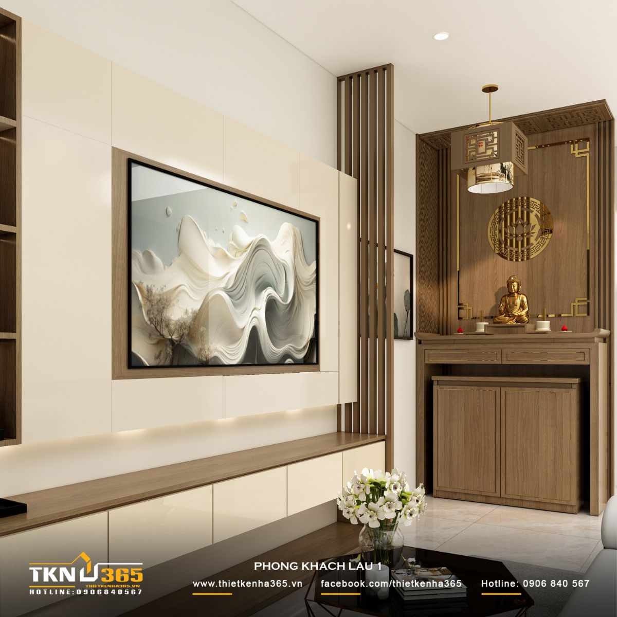 Thiết kế nội thất nhà phố 1 trệt 1 lầu: Lời giải cho không gian vừa ở vừa kinh doanh 20 Khu vực phòng khách tầng trên tiếp tục duy trì ngôn ngữ tối giản với các mảng tường phẳng lớn kết hợp chi tiết gỗ, ánh sáng hắt và hệ vách ngăn, tạo nên sự chuyển tiếp nhẹ nhàng giữa các khu chức năng