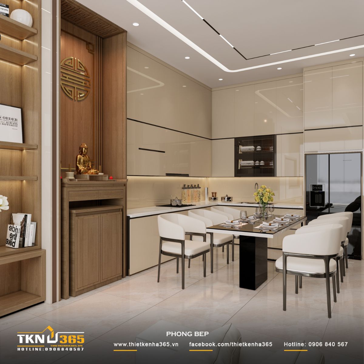 Thiết kế nội thất nhà phố 1 trệt 1 lầu: Lời giải cho không gian vừa ở vừa kinh doanh 21 Không gian bếp sử dụng hệ tủ liền khối với bề mặt sáng màu, kết hợp cùng các chi tiết kính và ánh sáng dưới tủ, giúp duy trì cảm giác sạch sẽ, liên tục và dễ sử dụng trong sinh hoạt hàng ngày