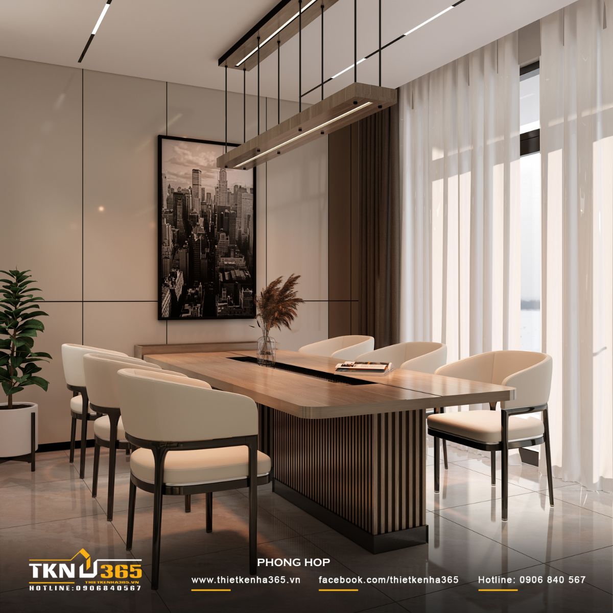 Thiết kế nội thất nhà phố 1 trệt 1 lầu: Lời giải cho không gian vừa ở vừa kinh doanh 22 Khu vực bàn họp hoàn thiện với bảng màu trung tính đồng nhất, mặt bàn và hệ chiếu sáng treo tạo điểm nhấn vừa đủ, giữ tổng thể không gian ở trạng thái cân bằng và trang nhã
