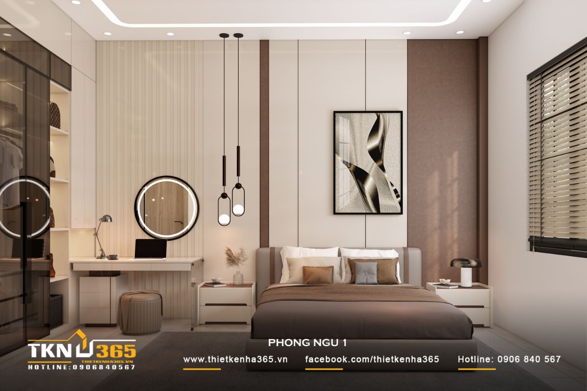 Thiết kế nội thất nhà phố 1 trệt 1 lầu: Lời giải cho không gian vừa ở vừa kinh doanh 23 Bảng màu trắng - kem - nâu gỗ duy trì xuyên suốt, kết hợp cùng bề mặt gỗ và vải trung tính, tạo cảm giác ấm và ổn định cho không gian nghỉ ngơi
