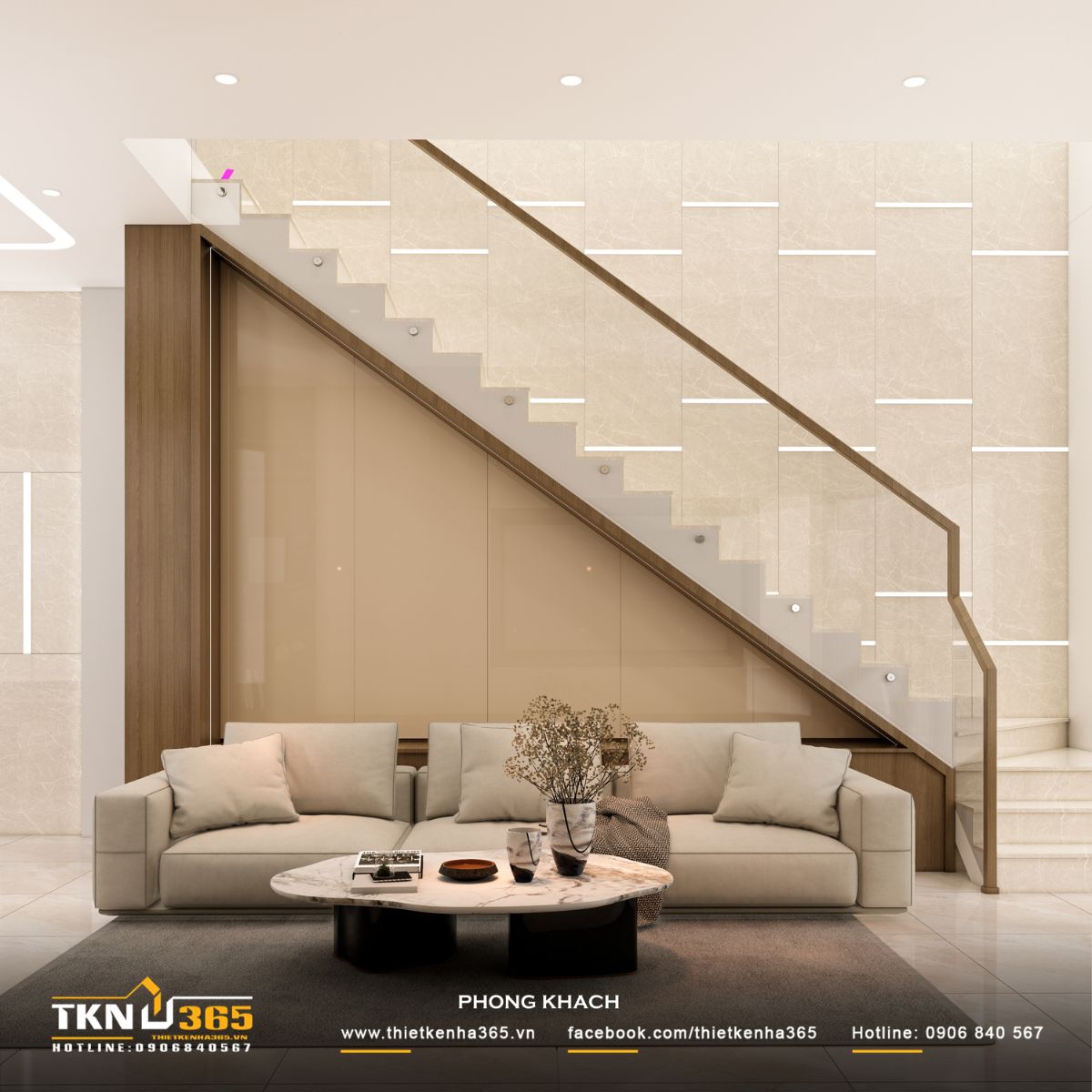 Thiết kế nội thất nhà phố 1 trệt 1 lầu: Lời giải cho không gian vừa ở vừa kinh doanh 5 Khu vực phòng khách đặt liền kề cầu thang, tận dụng khoảng dưới thang để tổ chức không gian gọn gàng, giúp dòng di chuyển diễn ra liên tục và rõ ràng