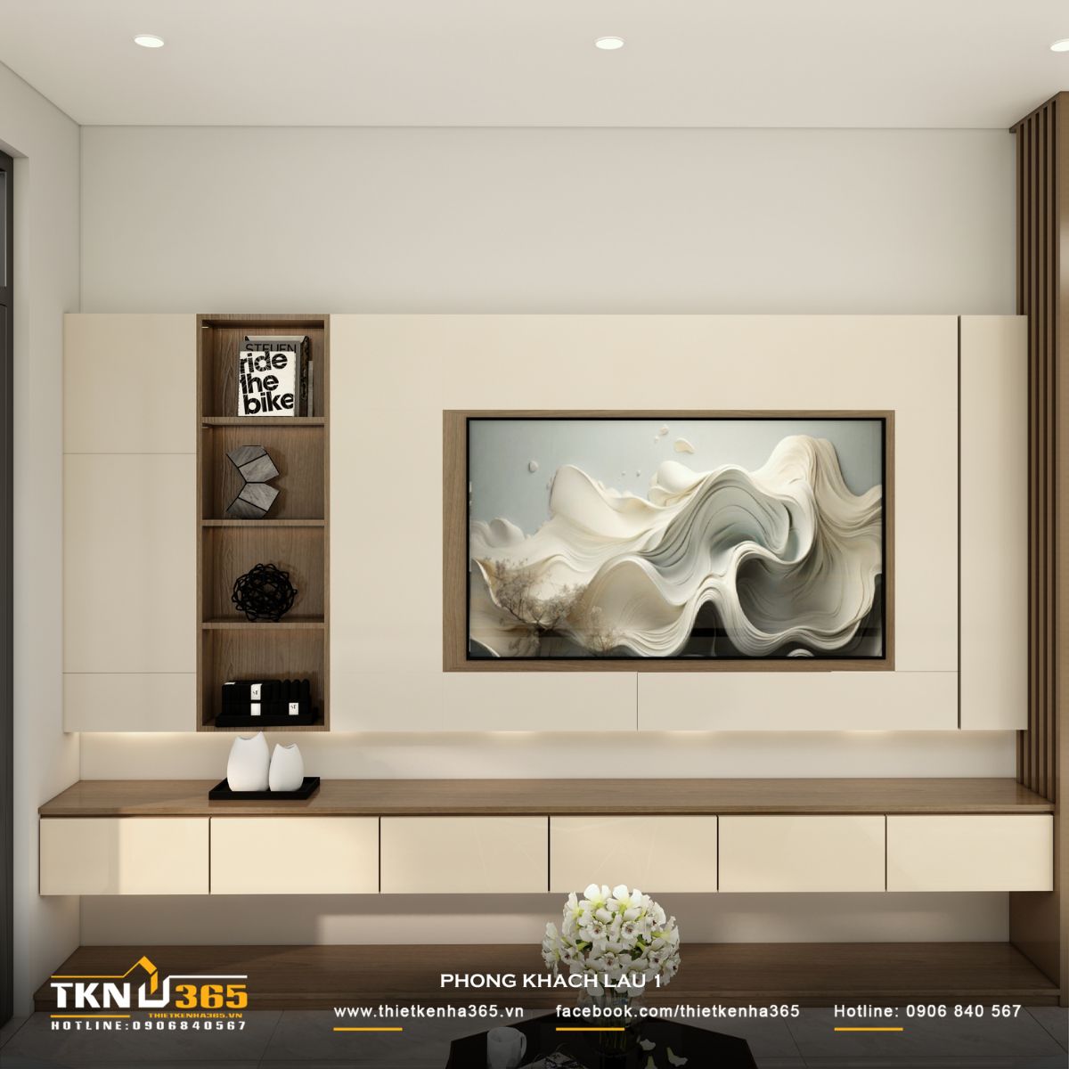 Thiết kế nội thất nhà phố 1 trệt 1 lầu: Lời giải cho không gian vừa ở vừa kinh doanh 6 Hệ kệ và vách tivi bố trí theo trục ngang, tạo điểm dừng thị giác nhẹ nhàng trước khi chuyển tiếp sang khu vực phía sau