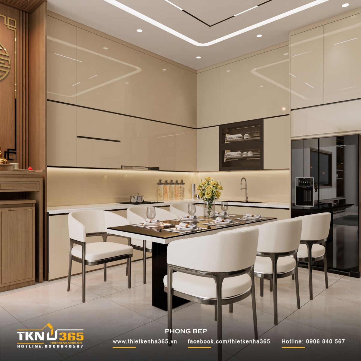 Thiết kế nội thất nhà phố 1 trệt 1 lầu: Lời giải cho không gian vừa ở vừa kinh doanh 7 Không gian bếp - ăn tổ chức mở, bàn ăn đặt ở vị trí trung tâm, đóng vai trò liên kết giữa khu bếp và các khu vực sinh hoạt khác
