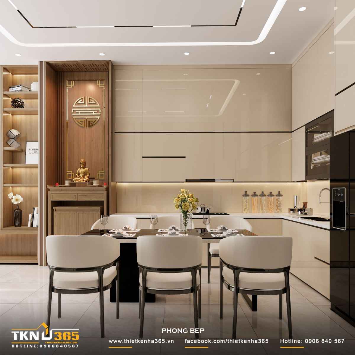 Thiết kế nội thất nhà phố 1 trệt 1 lầu: Lời giải cho không gian vừa ở vừa kinh doanh 8 Khu bếp sắp xếp theo dạng liền khối, kết hợp với bàn ăn phía trước, tạo nên một chuỗi sử dụng liên tục và thuận tiện trong sinh hoạt hàng ngày
