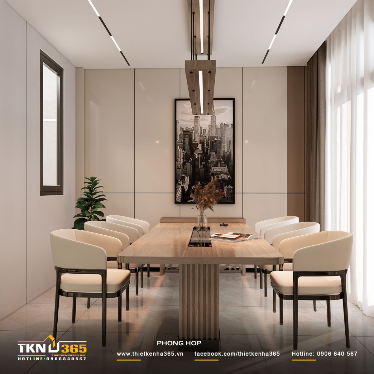 Thiết kế nội thất nhà phố 1 trệt 1 lầu: Lời giải cho không gian vừa ở vừa kinh doanh 9 Phòng họp tổ chức theo trục đối xứng, bàn trung tâm giữ vai trò định hướng không gian, hệ cửa sổ bên hông giúp đưa ánh sáng tự nhiên vào đều khắp khu vực