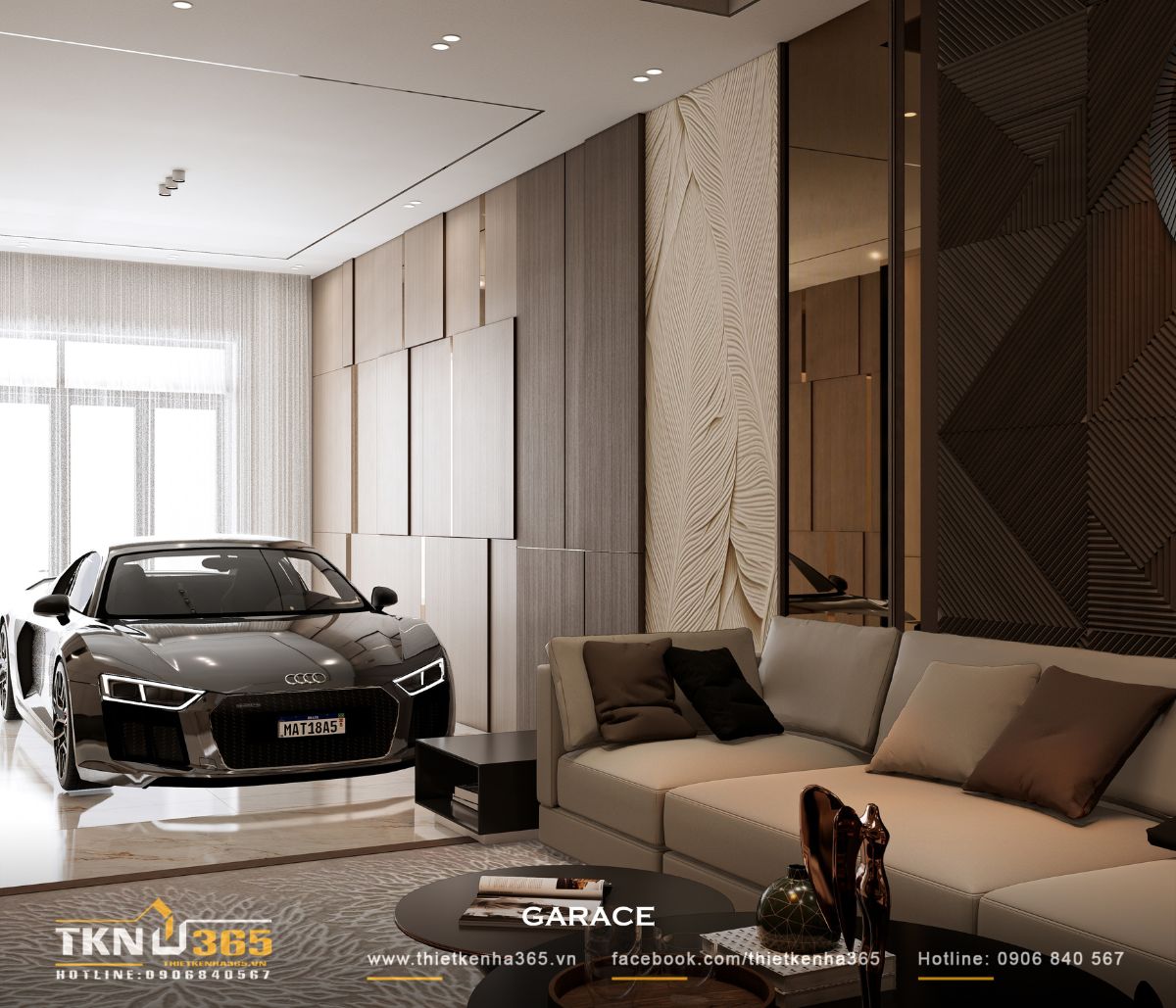 Thiết kế nội thất nhà phố 5 tầng sang trọng tại quận 7: Mỗi tầng là một thế giới riêng 1 Thiết kế nội thất nhà phố 5 tầng bố trí gara kết hợp phòng khách, vật liệu đá - gỗ - kim loại tạo cảm giác sang trọng ngay từ lối vào