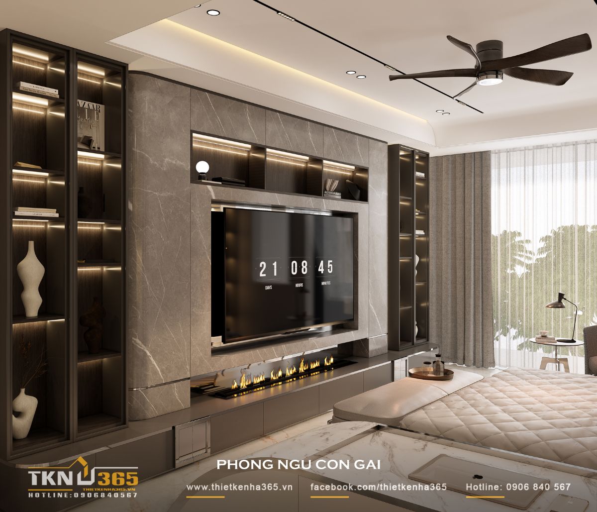 Thiết kế nội thất nhà phố 5 tầng sang trọng tại quận 7: Mỗi tầng là một thế giới riêng 13 Mảng tường ốp đá và hệ kệ trang trí có ánh sáng hắt giúp không gian thêm chiều sâu và sang trọng