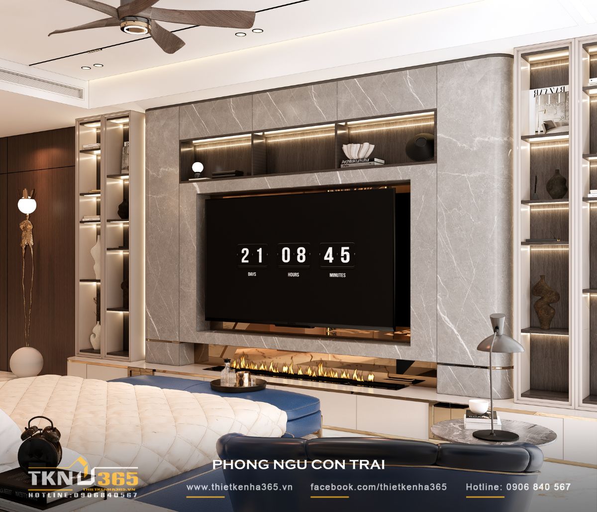 Thiết kế nội thất nhà phố 5 tầng sang trọng tại quận 7: Mỗi tầng là một thế giới riêng 17 Kệ TV ốp đá cùng hệ tủ trưng bày giúp không gian cân bằng giữa thẩm mỹ và công năng